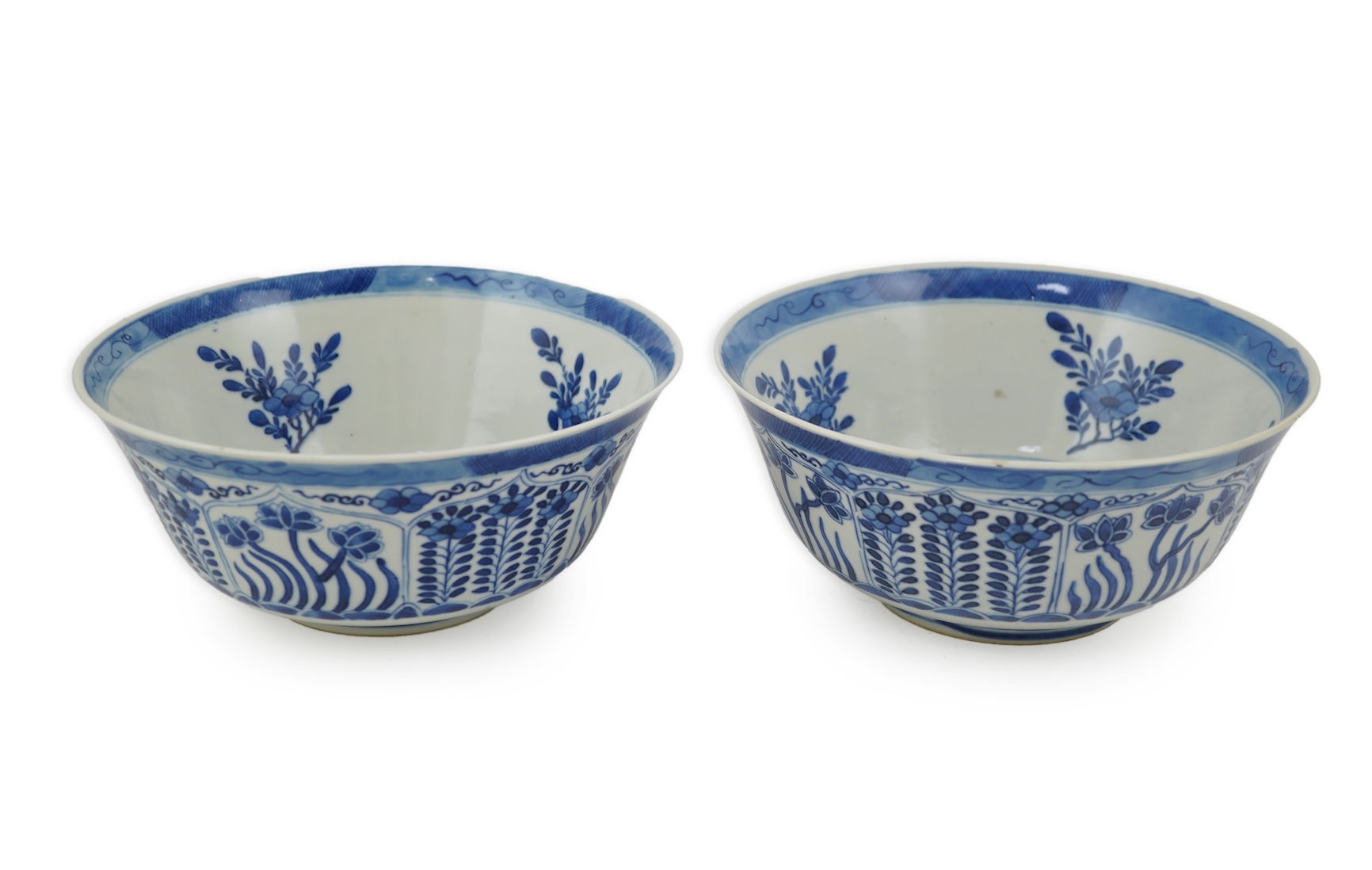 A pair of Chinese blue and white bowls, Kangxi four character mark, 19th century
